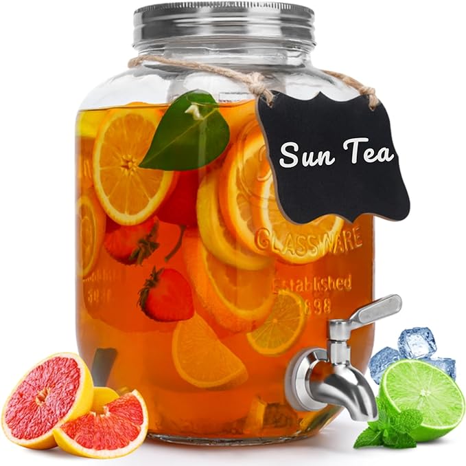 2 Gallon Glass Beverage Dispenser with Lid, Stainless Steel Spigot, Glass Drink Dispensers for Parties, Lemonade Dispenser With Ice Cylinder for Weddings, Party,Sun Tea Jar, Water Juice Dispensers