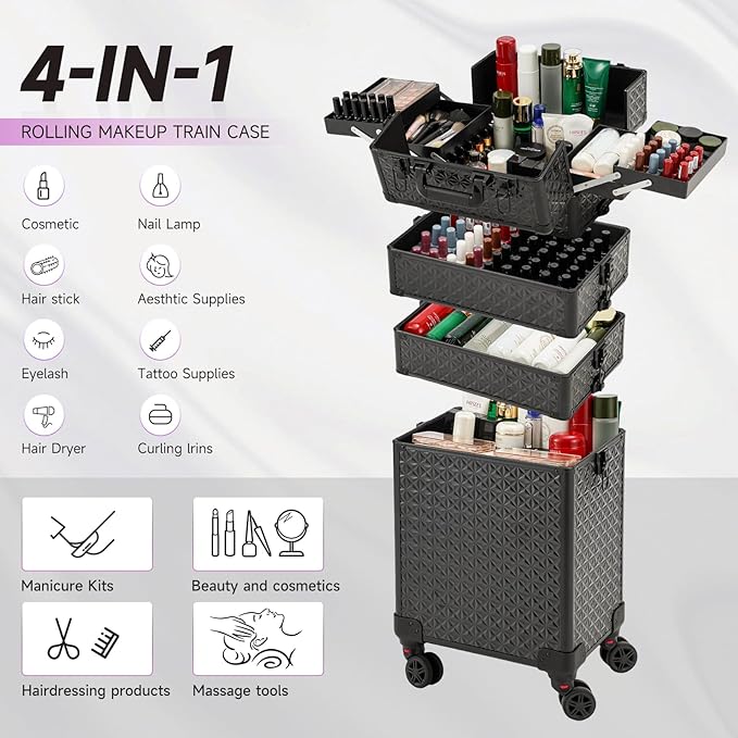 Leeora&Leekoo Portable Multi-Storey Nail Case for Nail Tech Organizer - Wheels Makeup Case Organizer, Cosmetic Case, Makeup Train Case, Make Up Case (Black)