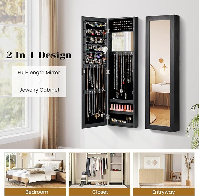 Giantex Wall Mounted Jewelry Cabinet with Full Length Mirror, Over The Door Jewelry Armoire Organizer with Large Storage, Makeup Mirror & Velvet Lining (Black)