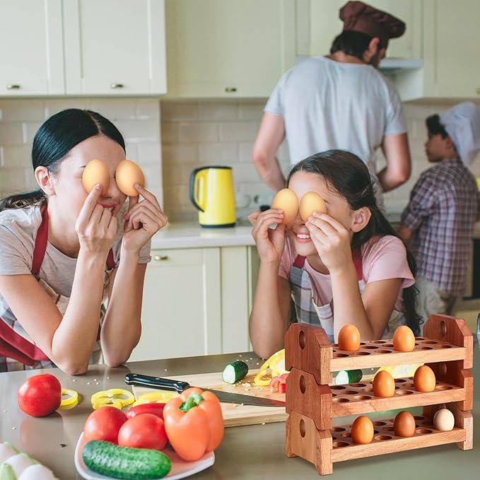 Patelai Wooden Egg Holder Countertop Egg Storage Trays Stackable for 54 Fresh Eggs Deviled Egg Tray Organizer Egg Container Rack for Rustic Kitchen Decoration