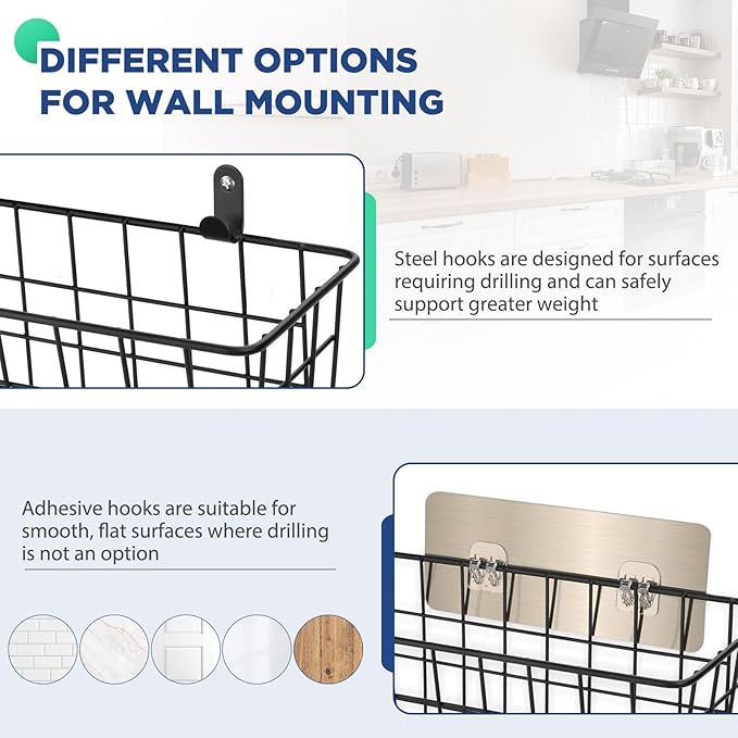 4 Pack Hanging Wall Basket Wire Storage Baskets, Adhesive Basket for Cabinet Door Organizer(2 Wall Mounting Options), Hanging Fruit Baskets for Kitchen, Pantry Organization, Bathroom, Black
