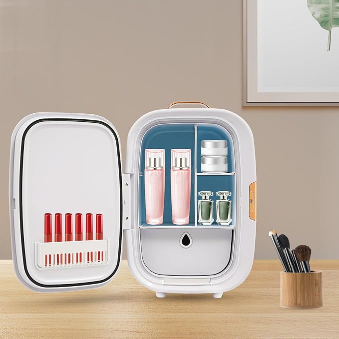 Mini Skincare Fridge,12L Makeup Cosmetics Refrigerator Beauty Fridge for Cosmetic Storage Skincare Fridge Portable Small Refrigerator for Cosmetics, Skin Care (White, W/LED Light Mirror)