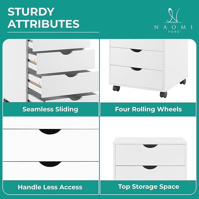 Naomi Home Taylor 5 Drawer Chest, Wood Storage Dresser Cabinet with Wheels, Craft Storage Organization, Makeup Drawer Unit for Closet, Office File Cabinet 180 lbs Total Capacity - White