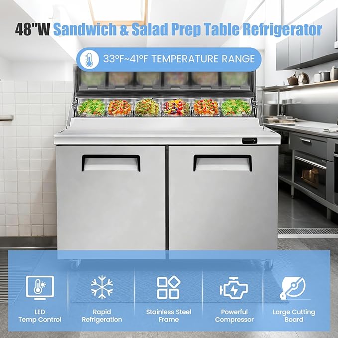 48" W Commercial Refrigerator Sandwich Salad Prep Table, Stainless Steel 2-Door Sandwich Prep Table Refrigerator, Counter Fan Cooling Refrigerator with 18 Pans for Restaurant, Bar