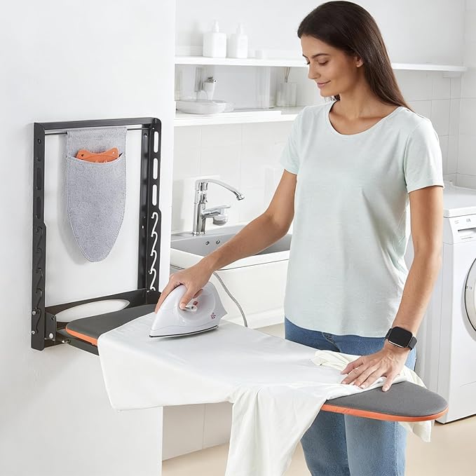 Wall Mounted Ironing Board with Iron Holder, 36 X 13 Compact Mount Foldable Ironing Board for Small Spaces, Space Saving with Cotton Fabric Cover and Silicone Iron Rest