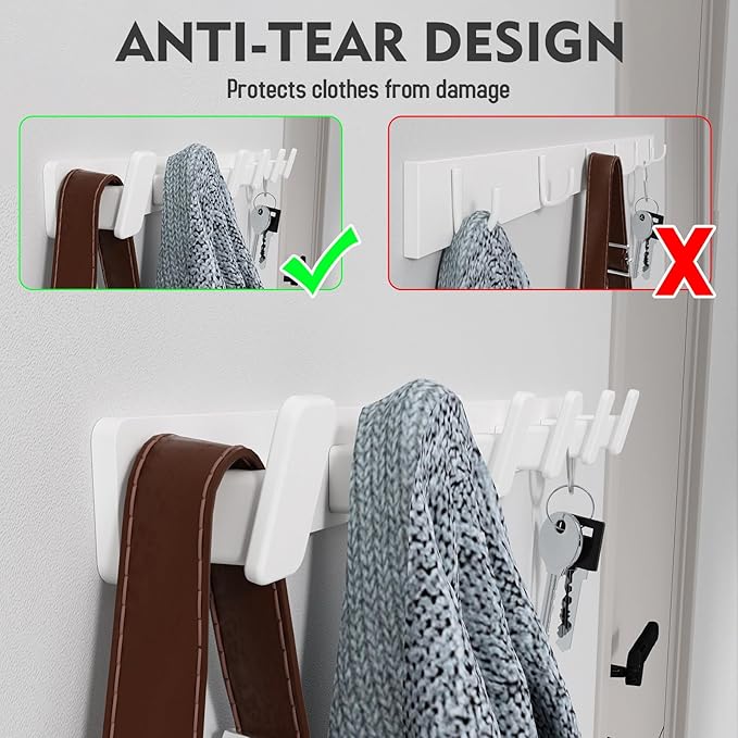 Coat Hook Wall Rack Hanger - White Coat Rack with 6 Hooks Wall Hooks for Hanging Hat Key Bag Towel Wall Mount Coat Holder