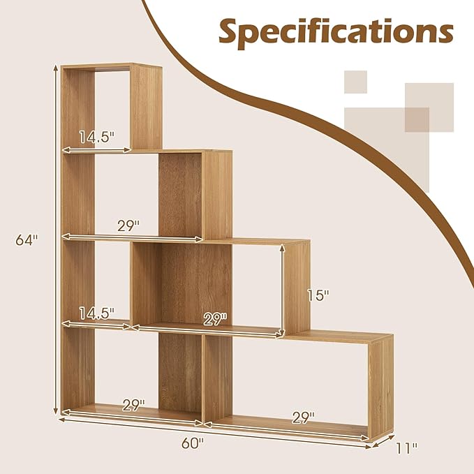 Tangkula 4-Tier Stepped Bookshelf, Freestanding 6 Cubes Ladder Bookcase with Anti-Tipping Kits, 64" Tall Modern Wooden Storage Display Rack for Home Office Living Room Study (2, Natural)