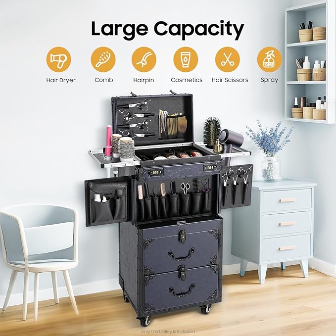 JOMCYDM Rolling Makeup Case with Wheels,Large Storage Cosmetic Trolley,Manicure Professional Large Storage Organizer, Traveling Trunk with Drawer for Makeup/Nail/Hair Styling