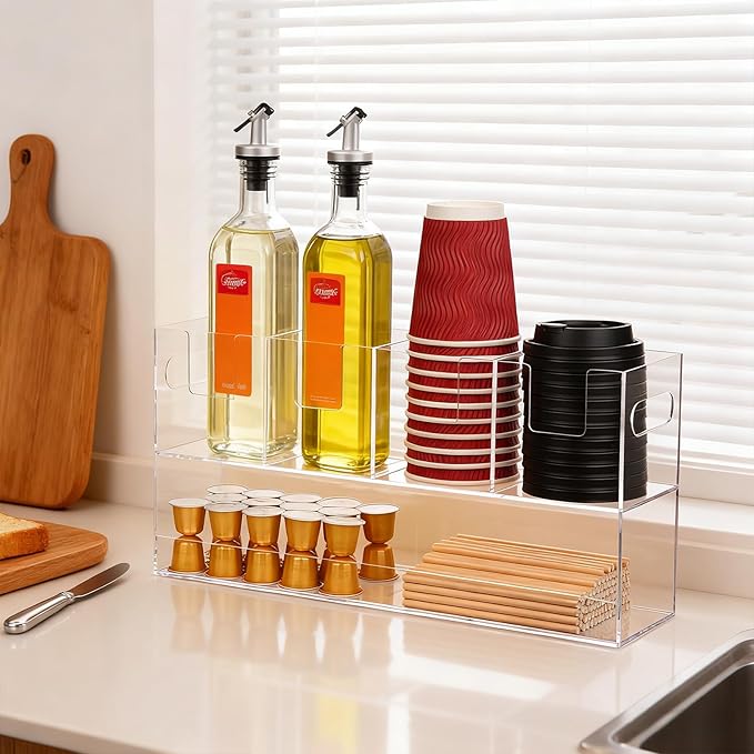 MYITYARD Coffee Cup Holder for Countertop, 2-Tier Clear Acrylic Cup Dispenser, Coffee Bar Accessories Organizer, Paper Cup and Lid Holder with Straw Organizer for Office, Home (5 Compartment)