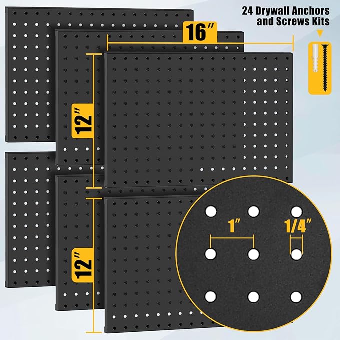 PBHEPJ 6 Pcs Metal Pegboard Panels, Heavy Duty Peg Boards for Garage and Garden Tool Storage, Includes Drywall Anchors and Screws Kits, Black (6 pcs 16in x 12in)