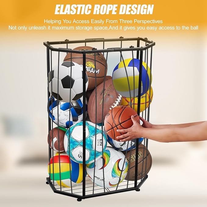 Garage Ball Storage Holder,Elastic Cord Design Can Floor-Standing & Wall-Mounted Use,Used for Basketball,Footbal,Volleyball,Rugby,Home or Outdoors Sports Equipment Storage Ball Rack。(Black)