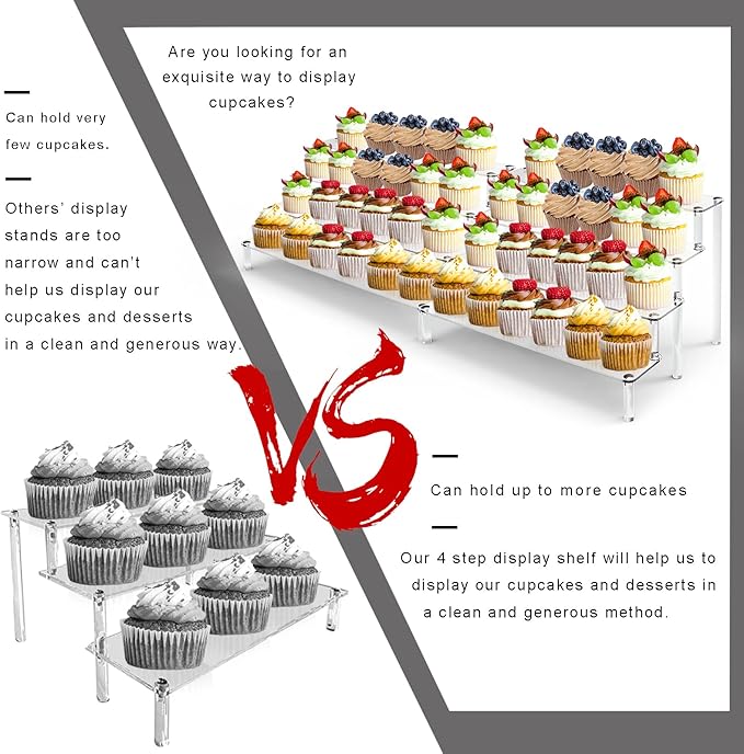 ULENDIS 2 Pack 4 Tier Clear Acrylic Display Risers Stand Shelf, Acrylic Stands for Display for Collectibles Cupcakes Perfumes Jewel, Tabletop Cupcake Stand for Decorating & Organizing