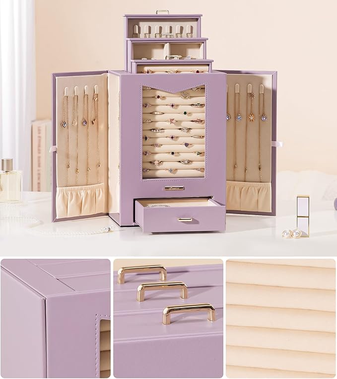Homde Jewelry Organizer with Transparent Window Necklace Hooks Gift for Women Jewelry Box Display Case for Necklaces Rings Earrings Bracelets and Other Accessories (Grey Purple)