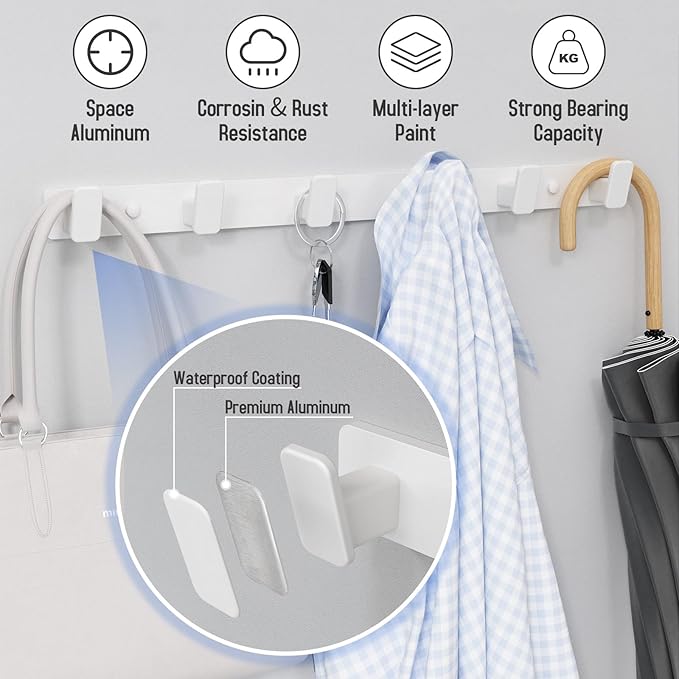 Coat Hook Wall Rack Hanger - White Coat Rack with 6 Hooks Wall Hooks for Hanging Hat Key Bag Towel Wall Mount Coat Holder