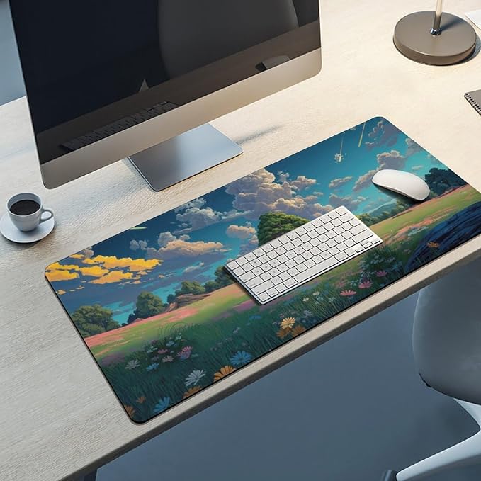 Anime Grass Flowers Blue Sky Large Mouse Pad, Vintage Aesthetic Gaming Desk Mat, XXL Keyboard Desk Pad Mat for Desktop, 35.4"x15.7" Non-Slip Base Big Mousepad with Stitched Edges