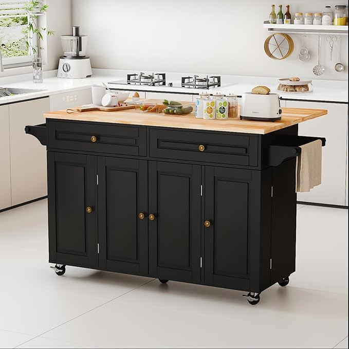 59’’ Rolling Kitchen Island Cart with Drop Leaf and Power Outlet, Movable Kitchen Islands with 3-Tier Door Storage Shelf, Island Table on Wheels, 2 Large Drawers, Towel Racks, Black