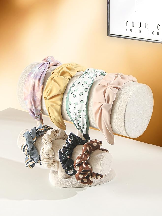 Coward Multi-use Headband Holder Stand, Scrunchie Hairband Organize Rack, Two Layer Bracelet Jewelry Display Holder Stand for Women Girls (Ice Beige velvet)