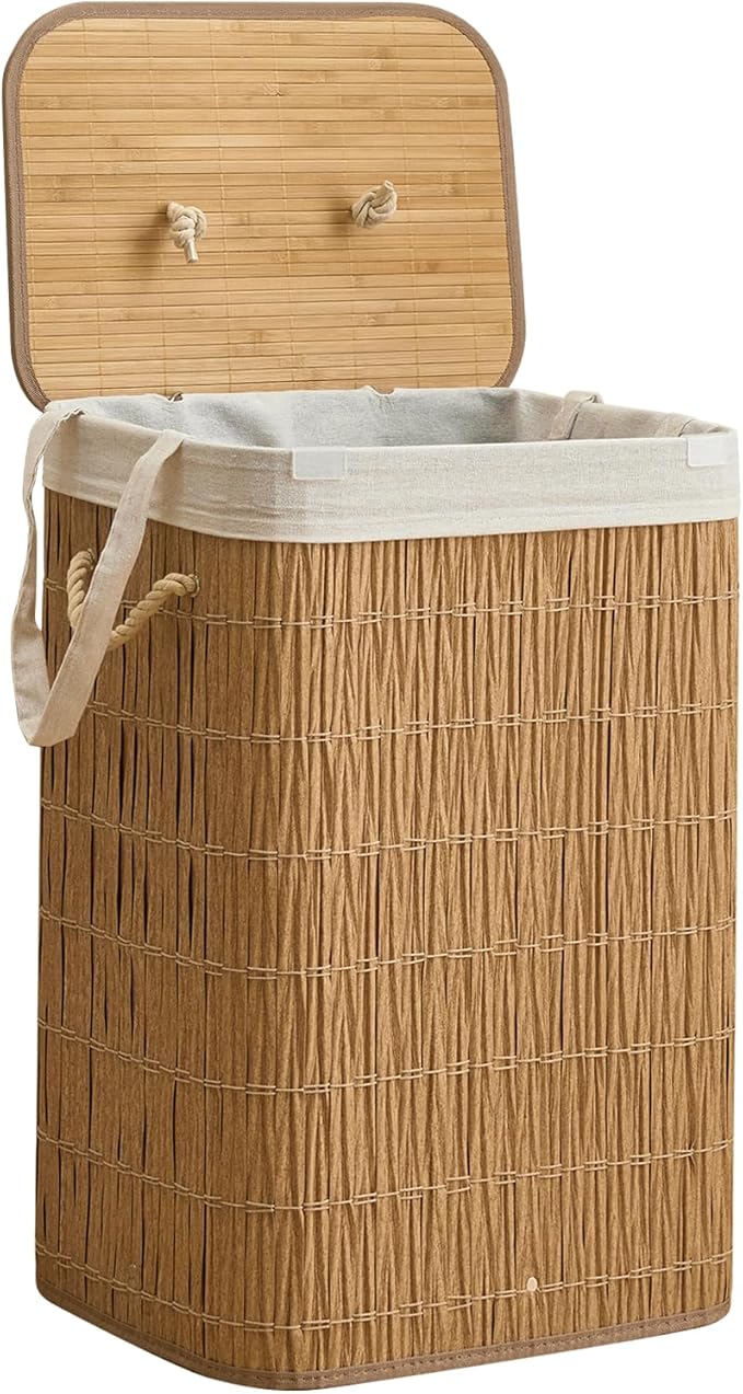 Laundry Hamper with Lid, 18.72 Gallons (72L) Laundry Basket with 2 Removable Liner Bags, Synthetic Rattan Clothes Hamper, laundry organization for bathroom, laundry room, Natural