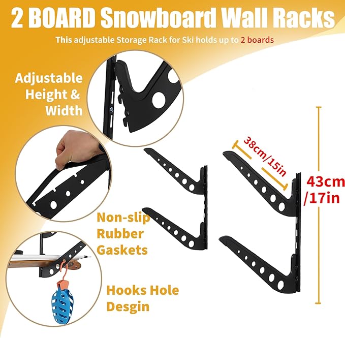 Snowboard Wall Racks, Adjustable Storage Rack for Ski, Surfboard, Wakeboard, Snowboard Wall Mount Display, White/Black
