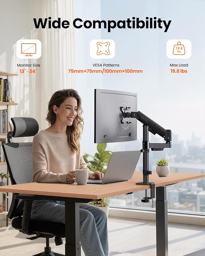 ErGear Single Monitor Arm, Adjustable Desk Monitor Mount for 13-34″ Screens, Up to 19.8 lbs, Enhanced Stability with Integrated C-Clamp, Upgraded Cable Management, VESA 75x75/100x100mm, Black