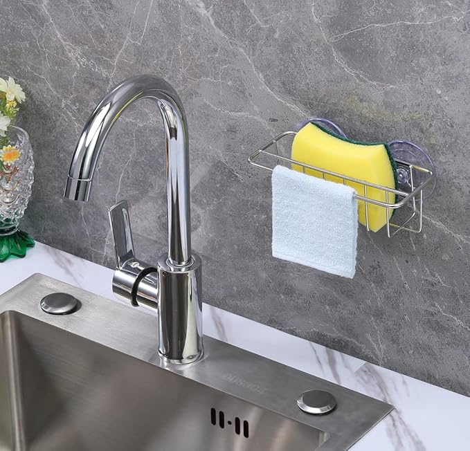 Sink Caddy Sponge Holder for Kitchen Sink Dish Cloth Hanger 2 Suspension Options(Suction Cups and Adhesive Hook), SUS304 Stainless Steel, Silver