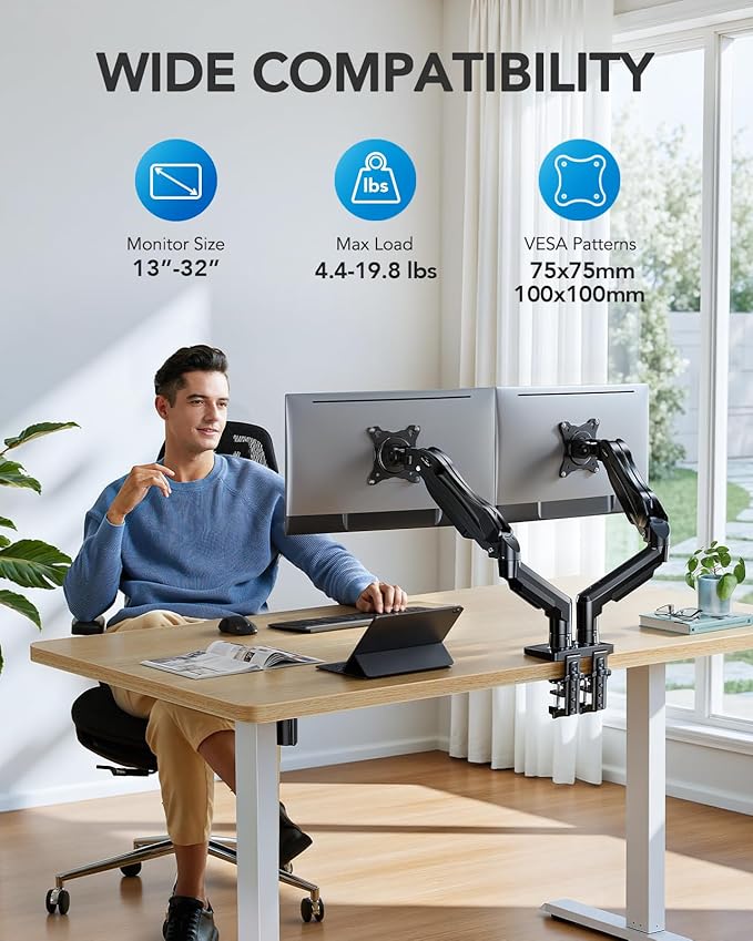 HUANUO Dual Monitor Stand, Fully Adjustable Monitor Desk Mount for 13–32″ Computer Screens, Full Motion VESA 75x75/100x100 with C-Clamp & Grommet Base, Each Arm Holds 4.4 to 19.8 lbs