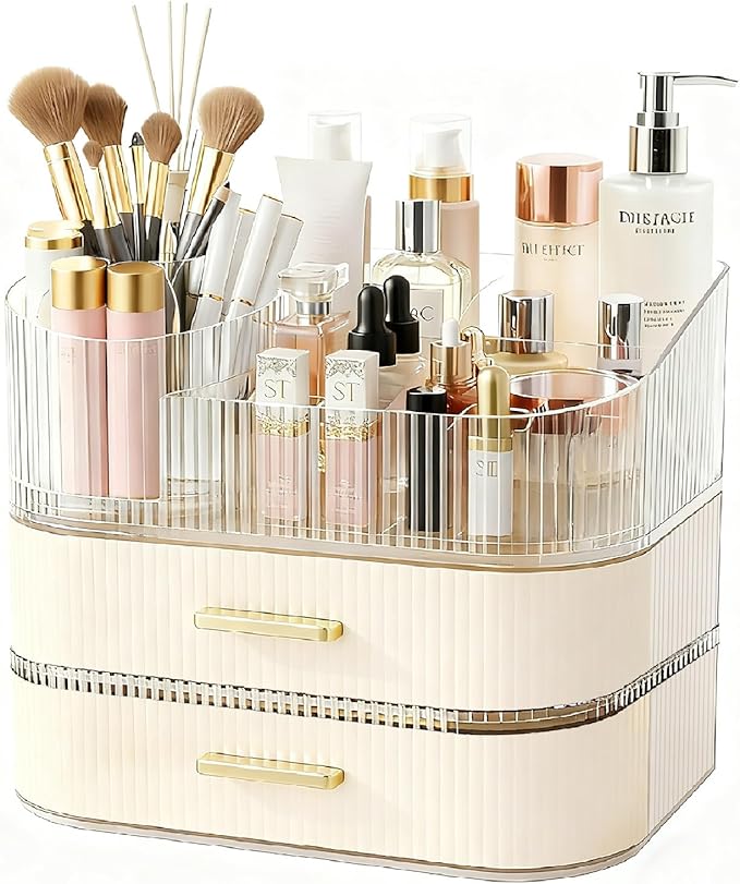Makeup Organizer for Vanity with Stackable Drawers, 360 Rotating Makeup Brush Holder Large Cosmetic Display Case for Dresser, Bathroom Countertop Skincare Organizers and Storage (3-layer)