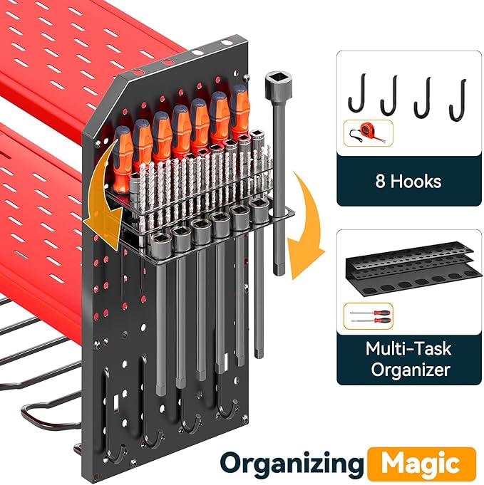 Warome Garage Tool Organizer Wall Mount with Charging Station, Power Tool Organizer with Large 8-Outlet Power Strip, Tool Storage Rack with 8 Cordless Drill Holders, Battery Utility Rack in Red
