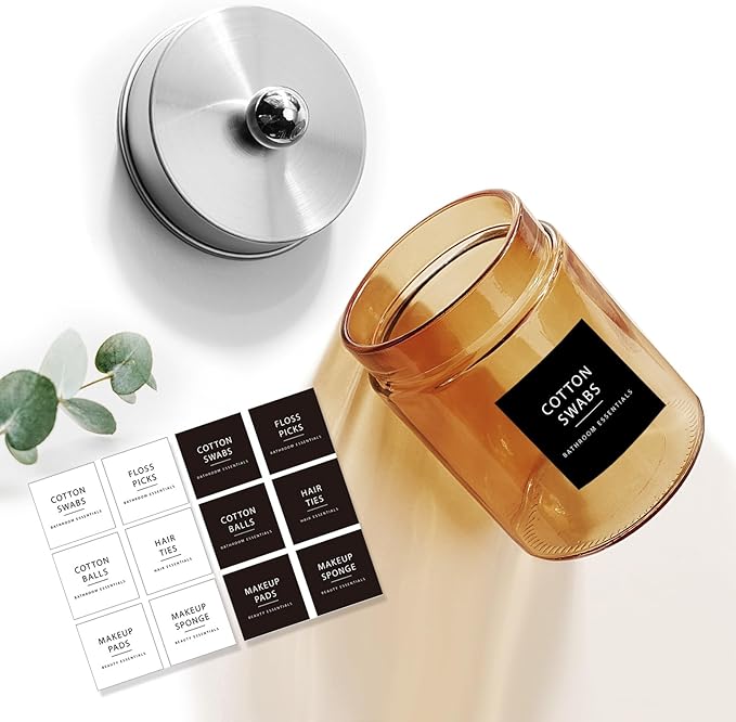 Amolliar Bronze Glass Apothecary Jar, Qtip Holder Metal Lid & Stickers, Bathroom Qtip Dispenser Storage, Canister for Cotton Balls, Cotton Swabs, Makeup Pads, Bath Salt, Floss, 4 Pack (Brushed Nickel)