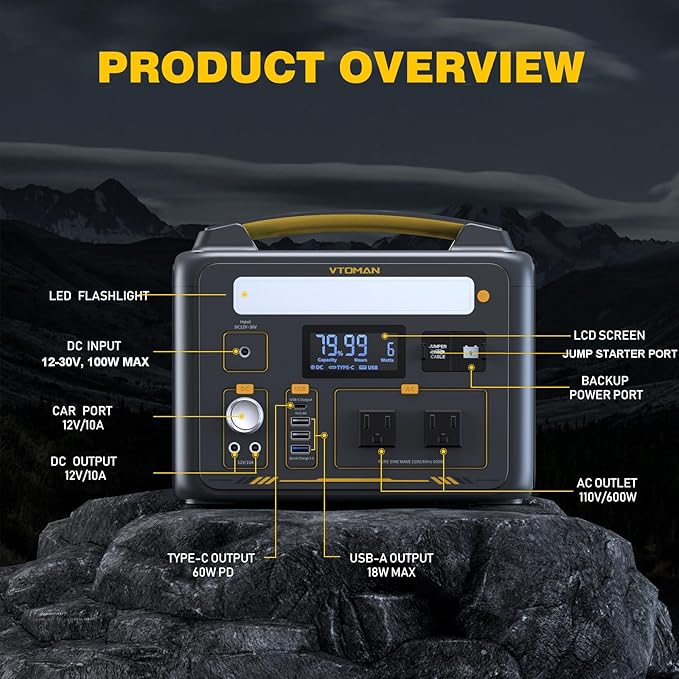 VTOMAN Jump 600X Portable Power Station 600W, 299Wh Solar Generator LiFePO4 Battery Power Station with Jump Start for Car, 1200W AC Outlet, PD 60W USB-C, 3x Regulated 12V/10A DC for Camping, RV Travel