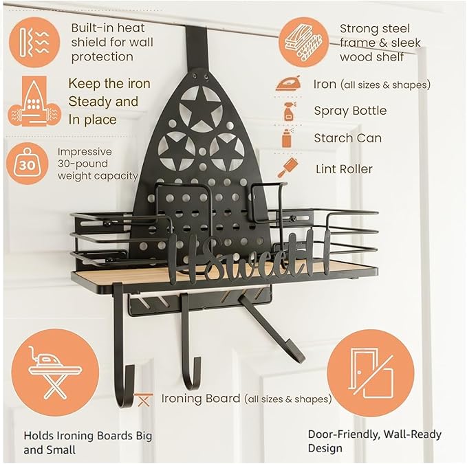 Farmhouse Ironing Board Hanger Wall Mount or Over the Door - Universal Laundry Room Ironing Board Holder Caddy with Iron Holder Shelf-Adjustable Hooks to Hold Ironing Boards Large & Small - Black