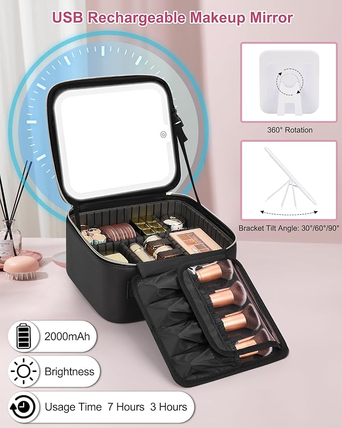 Relavel Initial Makeup Bag with LED Mirror for Women Girls, Personalized Travel Cosmetic Organizer Train Case, Birthday Gifts for Grandkids Bridesmaid Graduation Teacher Friends, Trendy Stuff, Black M