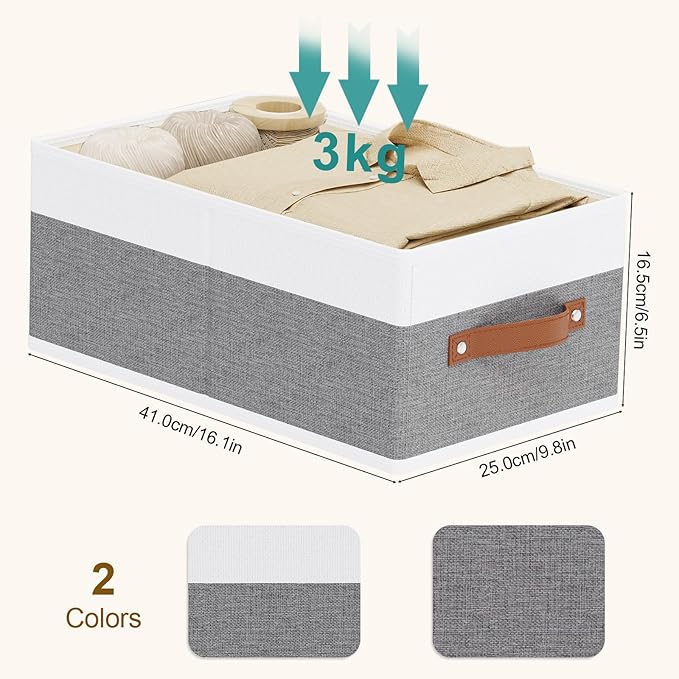 Storage Boxes, 16.1 × 9.8 × 6.5 Inch Storage Baskets with Handles, Fabric Cube Organizer Bins for Shelves Bedroom Laundry, White and Grey, 4-Pack