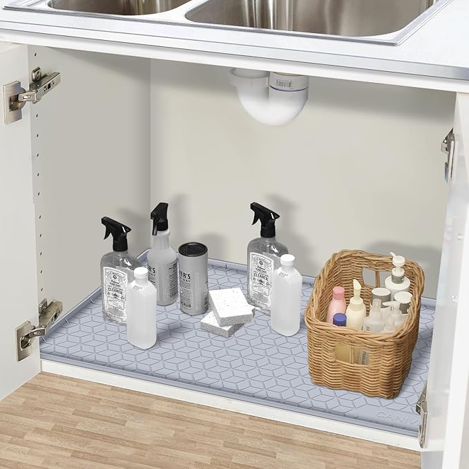 Under Sink Mat, 34" x 19" Waterproof Silicone Under Sink Tray for Kitchen & Laundry Cabinets, Kitchen Cabinet Shelf Protector, Up to 3.3 Gallons Liquid, Fits 36 inch Standard Cabinet Light Grey