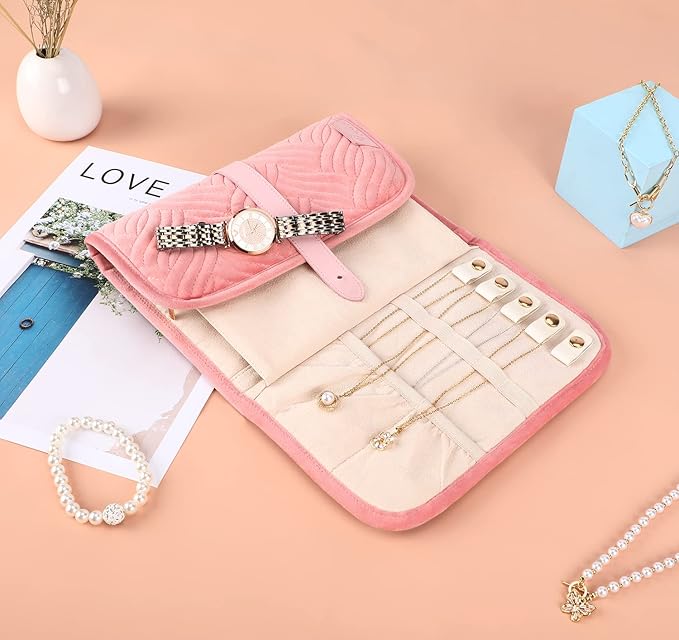 Voova Travel Jewelry Holder Organizer Case, Large Jewelry Storage Bag for Women Girls, Foldable Traveling Jewellery Pouch Roll for Necklaces Rings Earrings Bracelets, Pink
