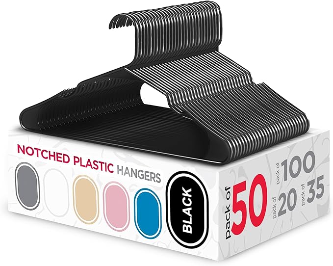 Sharpty Plastic Hangers Clothes Hangers for Clothing, Closet, Coats & Shirts - Notched, Durable, Thick, Tough & Space Saving - for Everyday Standard Use, Room Essentials & Basics - 50 Pack - Black