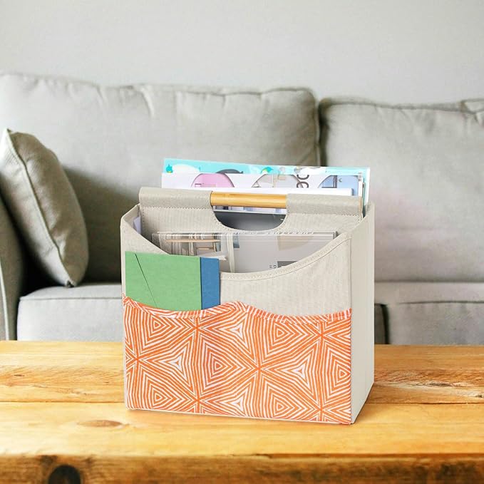 EZDeco Magazine Holder,Boho Foldable Magazine Rack Storage Basket with Bamboo Handles,Holds Multiple Magazines with 3 Pockets,Magazine Basket for Home Office Book,File, Newspaper