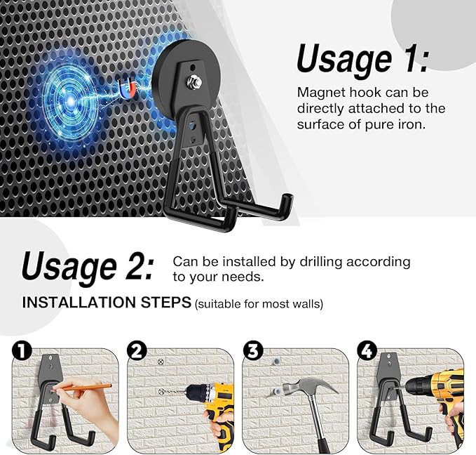 8 Pack Heavy Duty Storage Magnetic Utility Hooks Large Garage Strong Extra Magnet Hooks Hanger with Anti-Slip Coating Heavy Duty Magnetic Hooks for Hanging Power Dril Garage Garden Tools Black