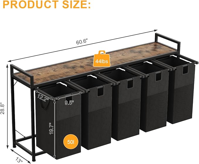 Laundry Basket Five Laundry Hamper with Removable Bags, Fabric Handles, Large Top Shelf and Laundry Bag for Bathroom, Dorm, Laundry Room