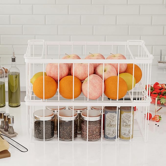 3 Pack Stackable Wire Storage Baskets With Tag, Freezer Organizer Bins for Most 7 Cu.FT Freezer Sort Frozen Meats, Deep Freezer Organizer Bins with Handle Add Space Easy Reach, White