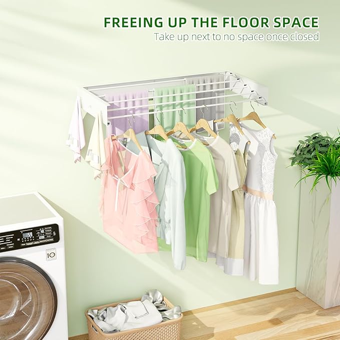 Wall Mounted Drying Rack for Laundry 31.5'', Folding Clothes Drying Rack Wall Mount with 5 Rods and 6 Hooks, Space Saving Collapsible Towel Rack for Indoor Outdoor Bathroom Balcony (White, 31.5'')
