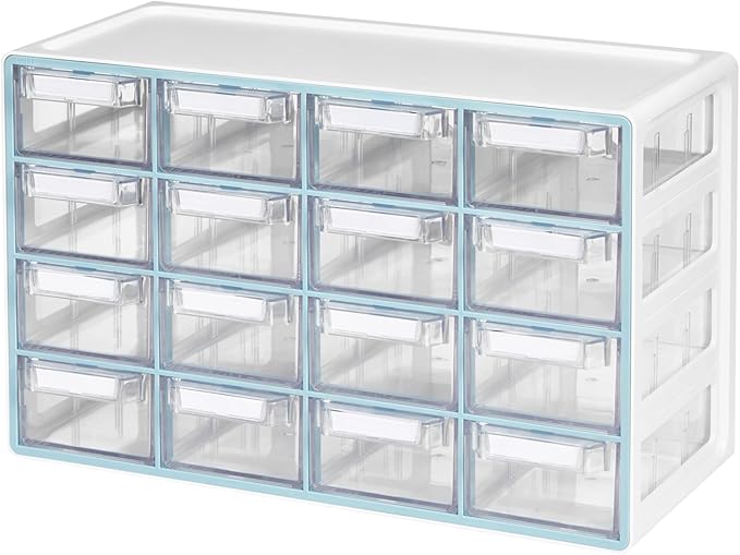 Blue Ginkgo Medium 16-Drawer Cabinet – Stackable Clear Organizer for Hardware, Beads, Plastic Bricks, Office, and Craft Storage (Made in Korea, Blue)