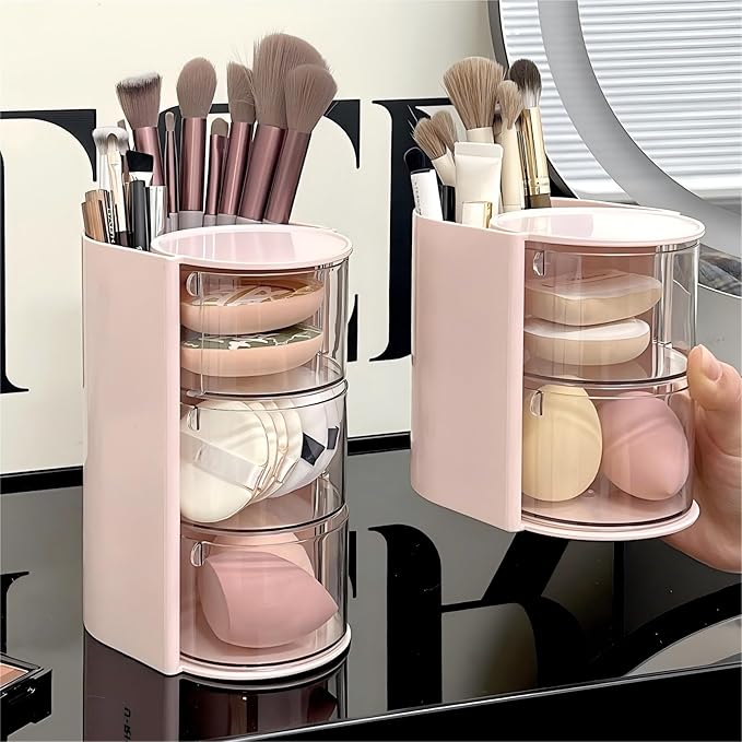 Hair Accessories Organizer with Hair Brush Holder, Rotatable Makeup Brush Holder for Necklaces, Earring, Bracelet, Ring, Makeup Brushes, Hair Clip and Hair Accessories (Pink, 2-Layer)