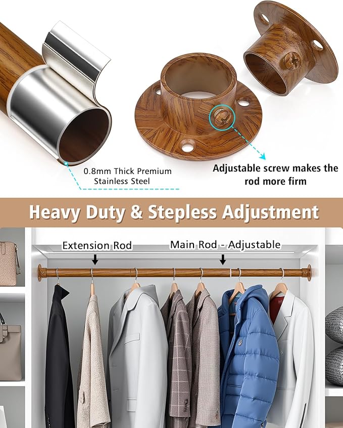 Closet Rods for Hanging Clothes, 17-28 Inch Heavy Duty and Stepless Adjustable Closet Poles, Stainless Steel Closet Hanging Rod for Wardrobes, Laundry Room, Bathroom, RV (Wood-Grain Finish)