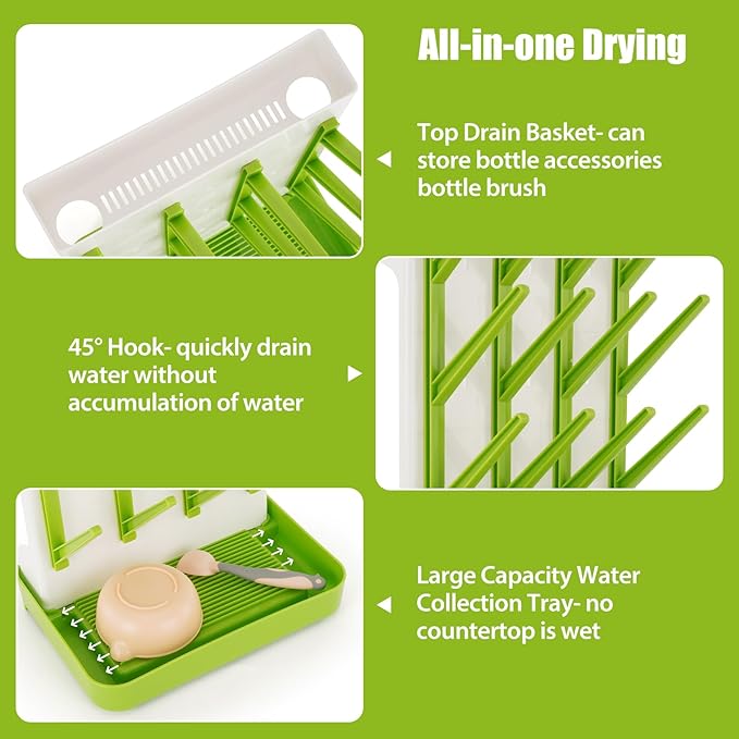 Baby Bottle Drying Rack, 2PCS Space Saving Baby Bottle Organizer for Countertop, Vertical Bottle Dryer Holder with Brushes Holder, Large Bottle Storage Holder 12 Bottles & Baby Accessories