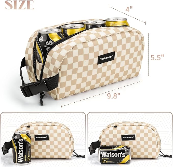 Cerbonny Small Cooler Bag Freezable Lunch Bag for Work School Travel, Leak-proof, Insulated, Khaki Checkerboard, 3.5L, 9.8x5.5x4 inch