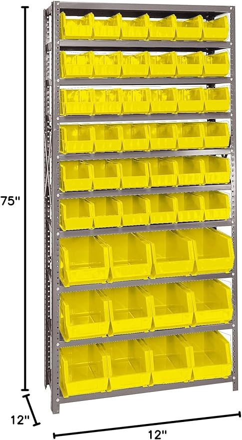 Quantum Storage Systems QSBU-230240YL Giant Open Hopper Steel Shelving System, 12" D x 36" W x 75" H, with 10 Shelves and 36 QUS230 and 12 QUS240 Bins, Yellow
