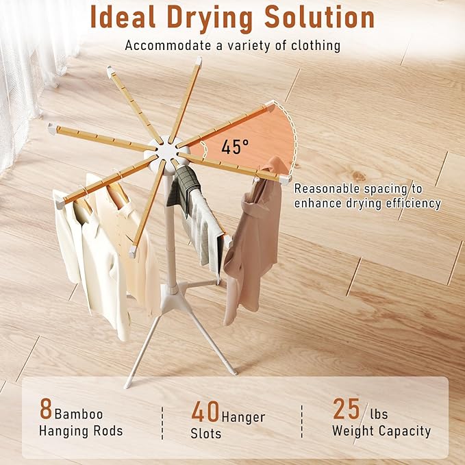 Giantex 4 Legs Clothes Drying Rack, Foldable Laundry Drying Rack with 8 Bamboo Hanging Rods, 40 Hanger Slots and Heavy-Duty Metal Frame, Collapsible Space-Saving Octopus Airer for Indoor Use