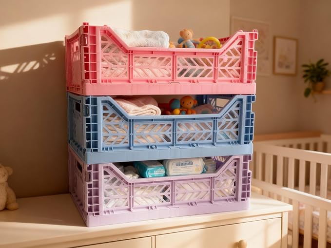 Collapsible Storage Box, Foldable Crate Organizer Bin with Handle, Stackable Crates for Home Organization (Blue-Purple-Pink, 14L - 3 Pack)