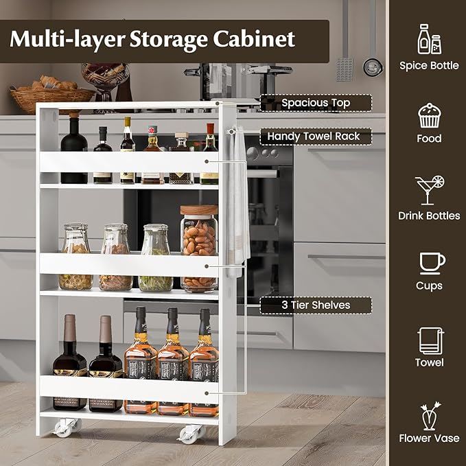 LOKO Slim Storage Cart, 4-Tier Rolling Cart with Handle & Wooden Top for Kitchen Bathroom Laundry Living Room Narrow Small Spaces, 5 Inches Width (Plain White)